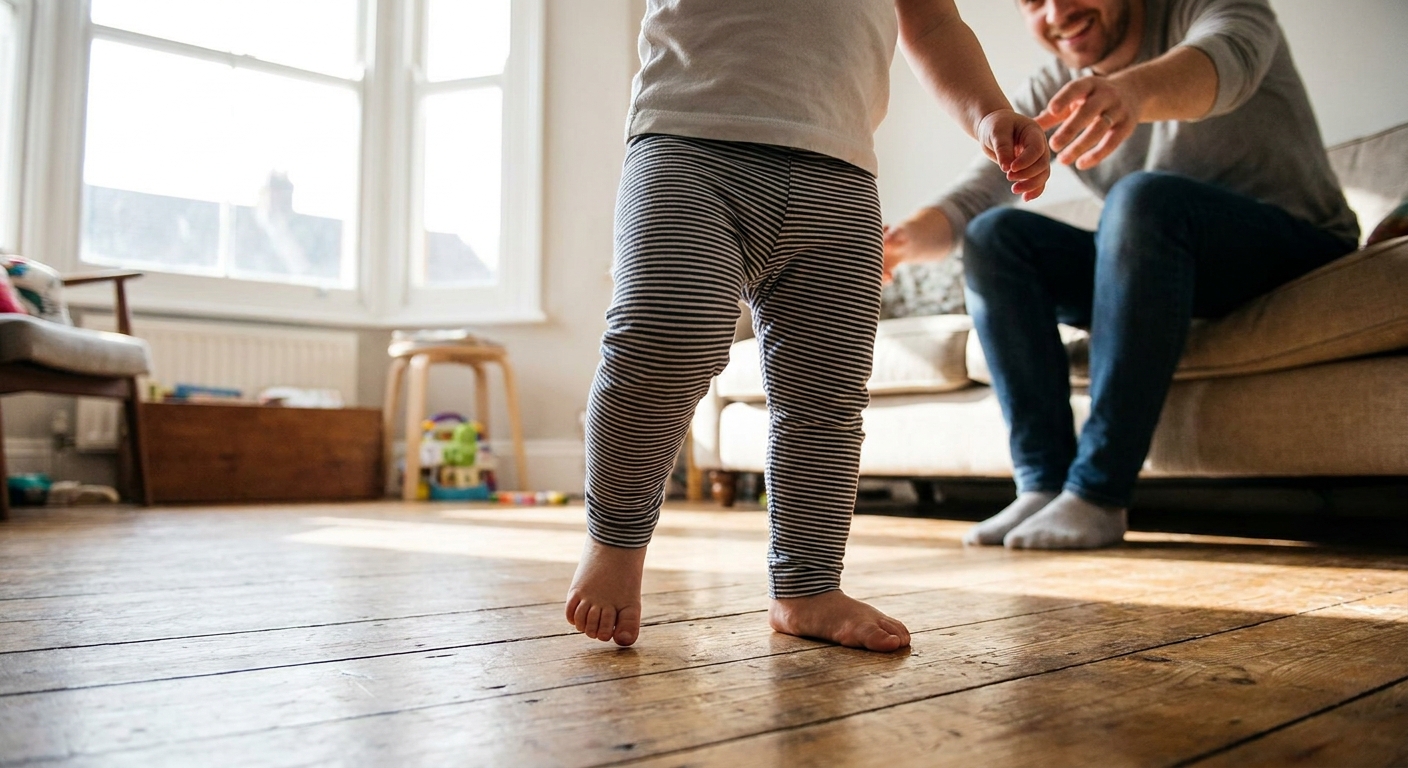 A toddler walking barefoot across a living room floor while a parent watches, focusing on the child’s feet and leg alignment in a real home setting, natural light
