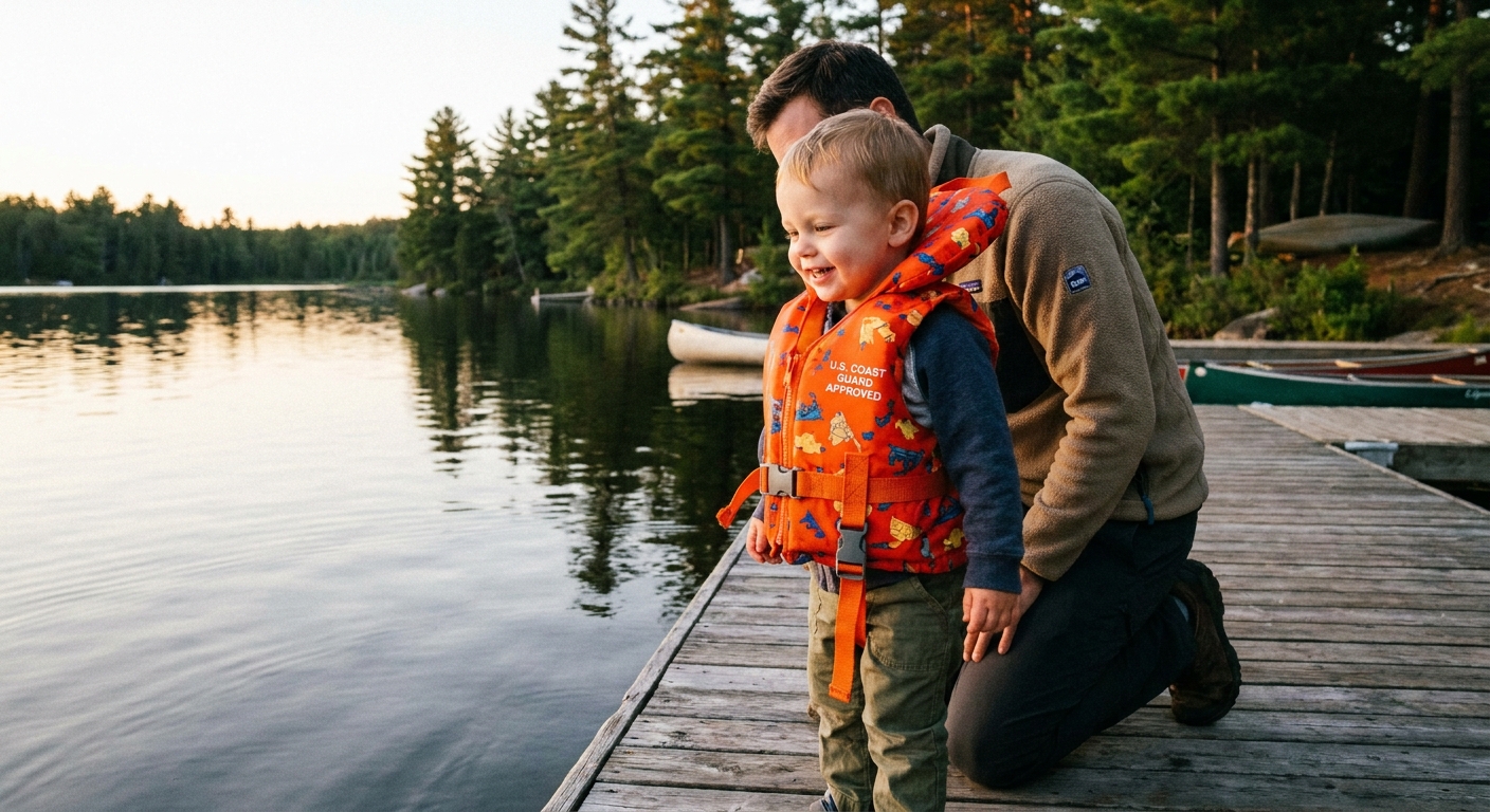 A toddler wearing a properly fitted U.S. Coast Guard-approved life jacket standing next to an adult on a wooden dock near calm lake water, candid family photo