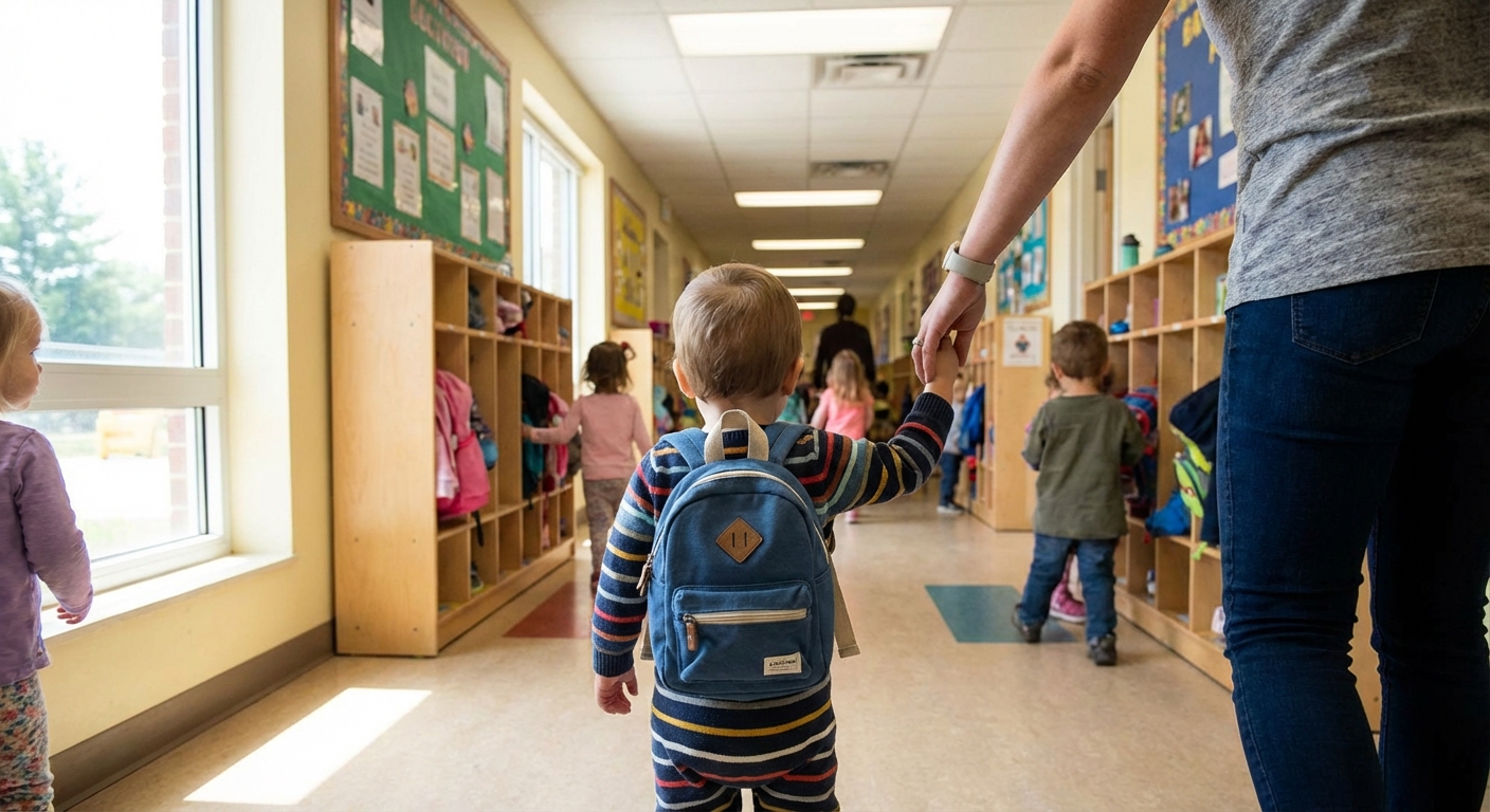 A toddler wearing a small backpack while holding a parent’s hand in a daycare hallway, morning routine moment, natural light, photorealistic candid photograph