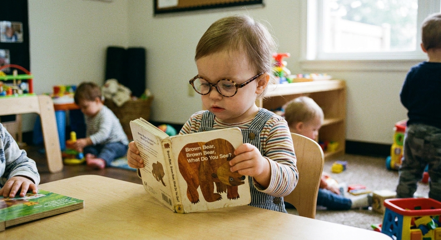 A toddler wearing small eyeglasses sitting at a daycare table holding a board book, candid realistic photo