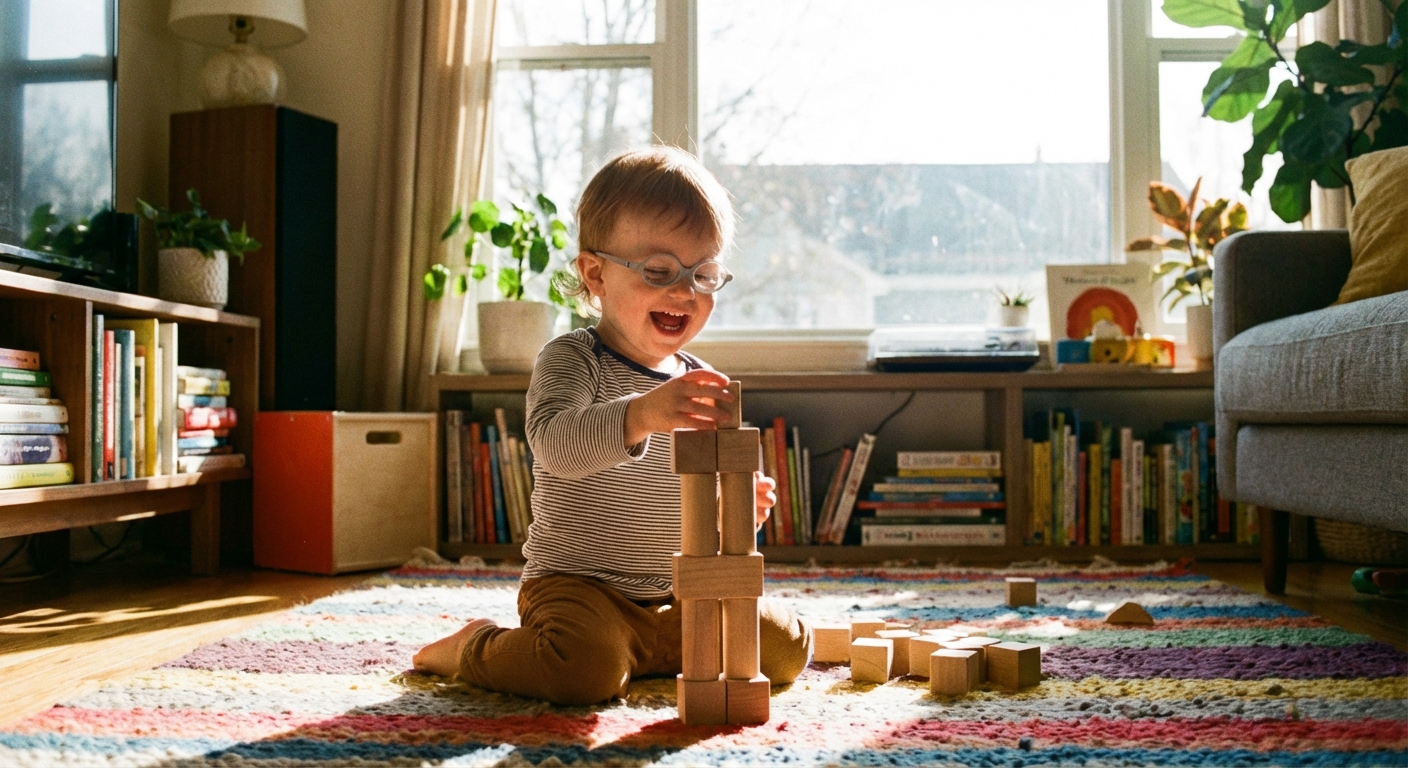 A toddler wearing small pediatric eyeglasses while playing with wooden blocks on a rug in a sunny room, natural lifestyle photograph