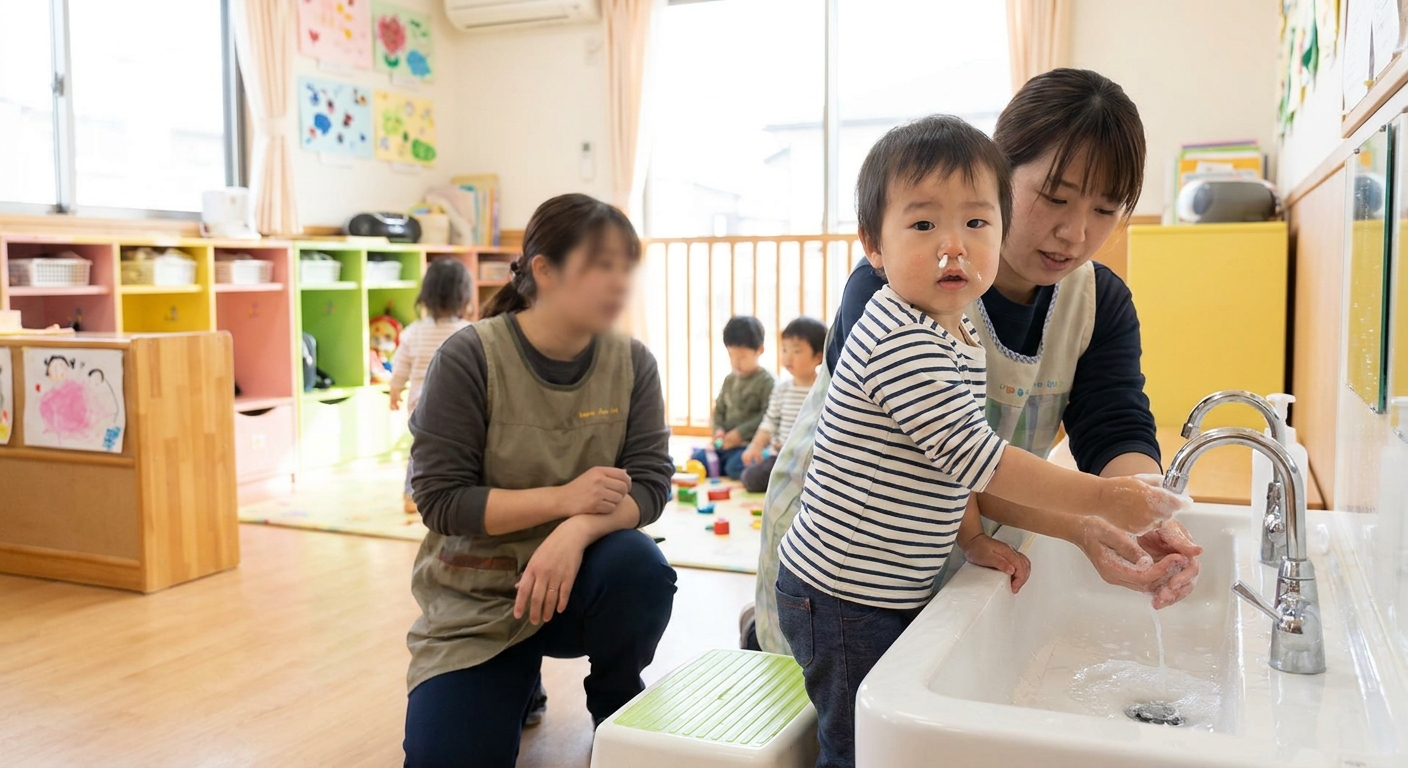 A toddler with a mild runny nose standing near a sink while an adult helps them wash hands in a bright daycare classroom, real-life candid photo
