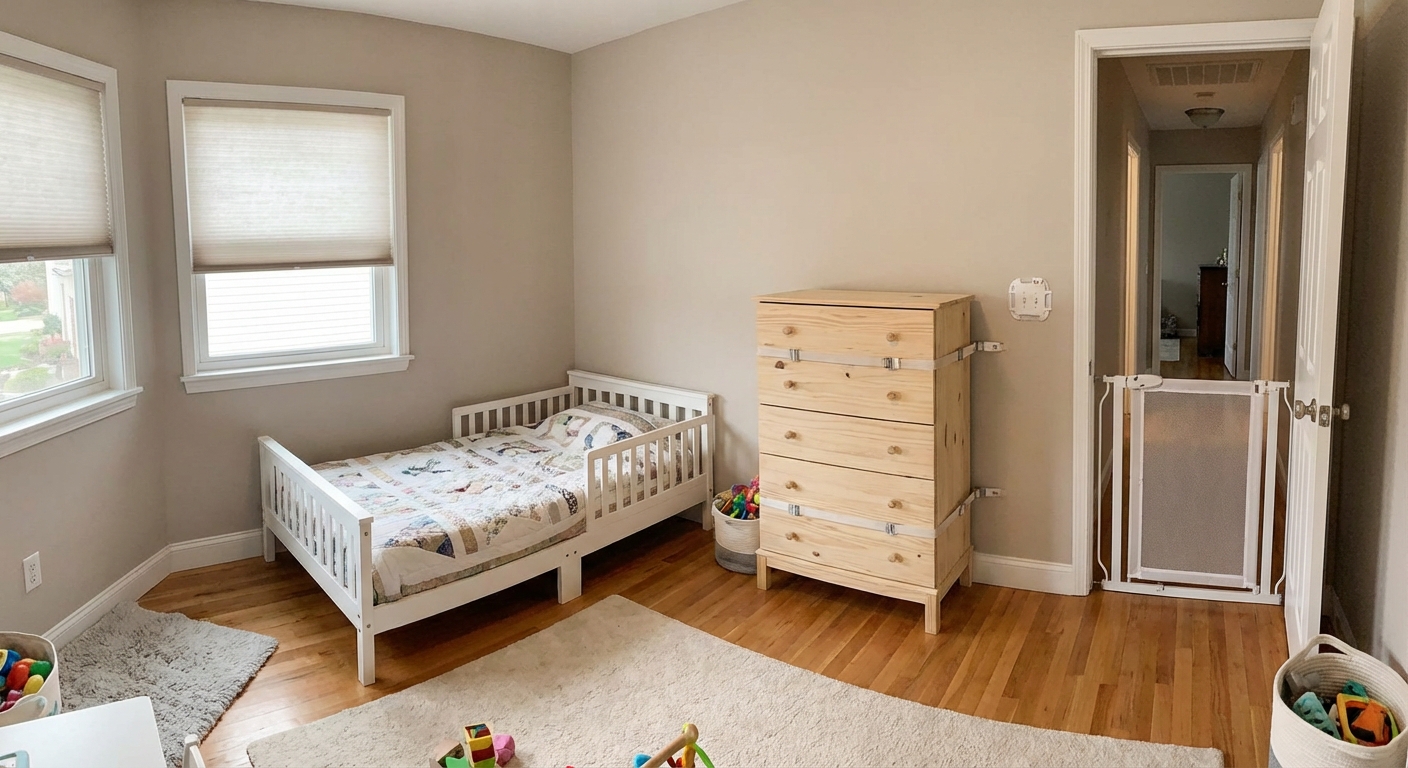 A toddler’s bedroom with anchored dresser, covered outlets, a baby gate in the doorway, and a low bed away from the window, realistic indoor home photo