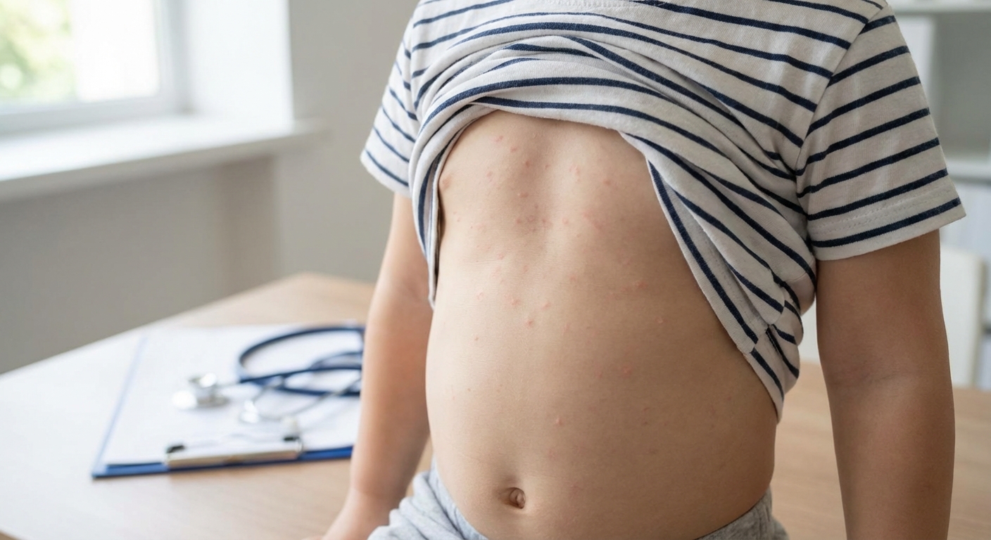 A toddler’s torso with a mild pink spotted rash across the chest and abdomen in natural window light, clinical but non-graphic photo