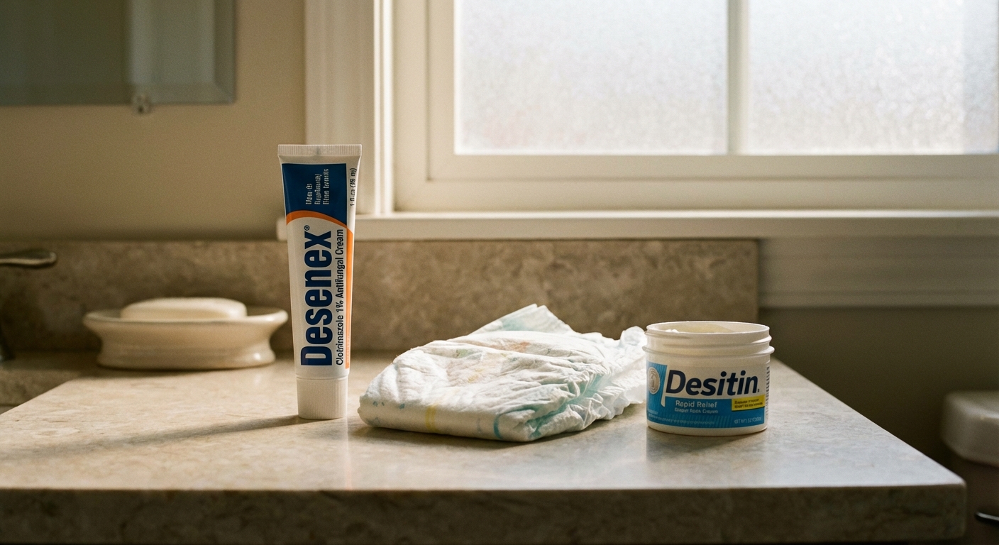 A tube of clotrimazole 1 percent antifungal cream on a bathroom counter next to a clean baby diaper and a small container of diaper ointment, soft natural light, realistic product photo