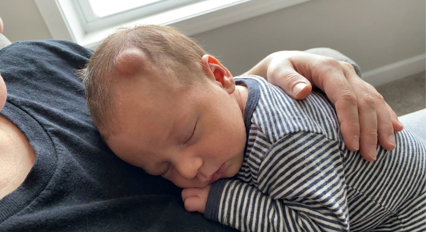 A two-day-old newborn sleeping on a parent's chest, with a localized rounded bump visible on one side of the scalp near the top, soft indoor light