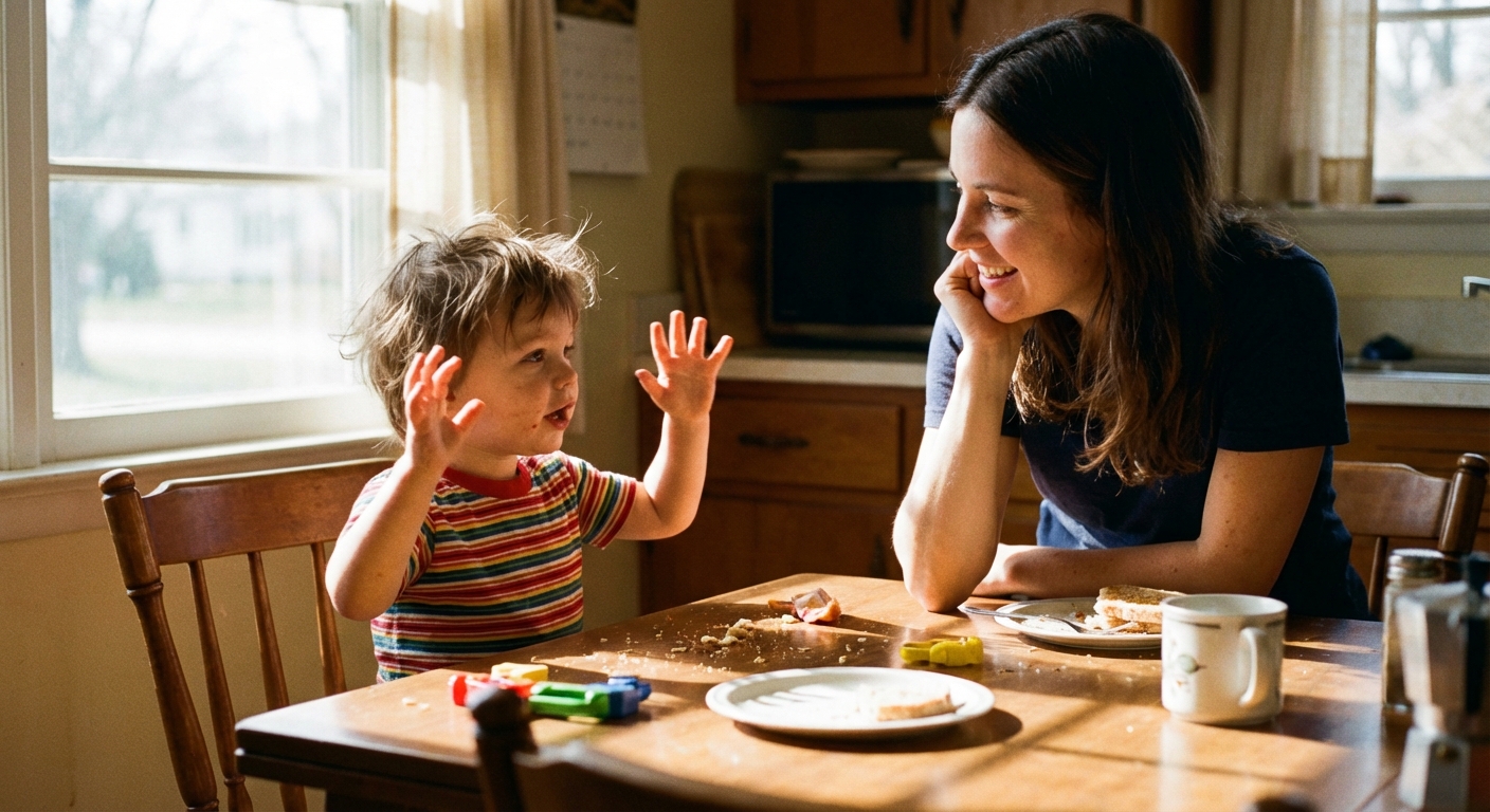 A two-year-old sitting at a kitchen table babbling and gesturing with expressive hands while a parent listens closely, candid home photo with soft daylight