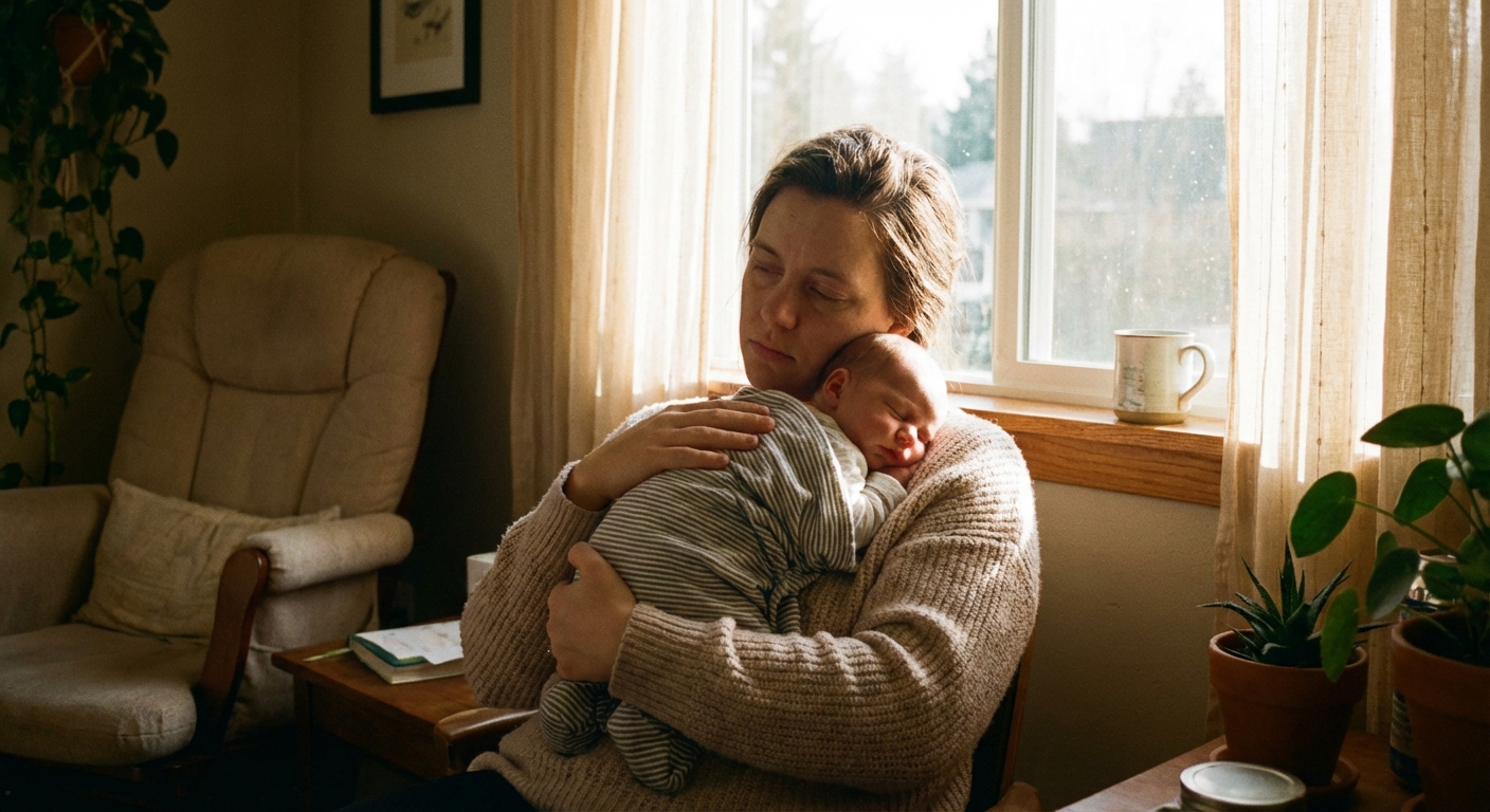 A warm, candid photograph of a tired parent holding a newborn against their chest near a window with soft morning light, comforting and intimate, photorealistic