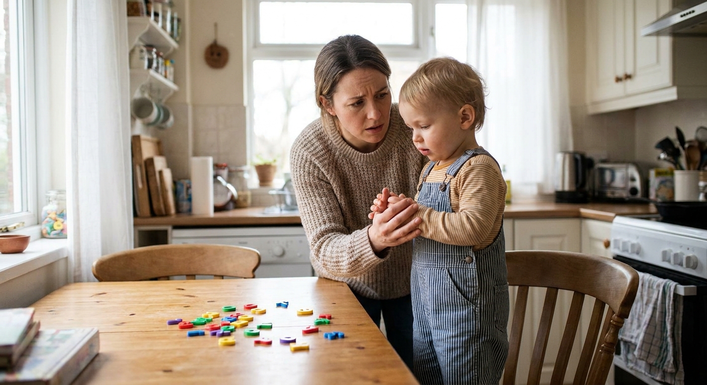 A worried parent gently holding a toddler's hands near a kitchen table where small magnet pieces are visible, natural indoor light, real-life family photo style