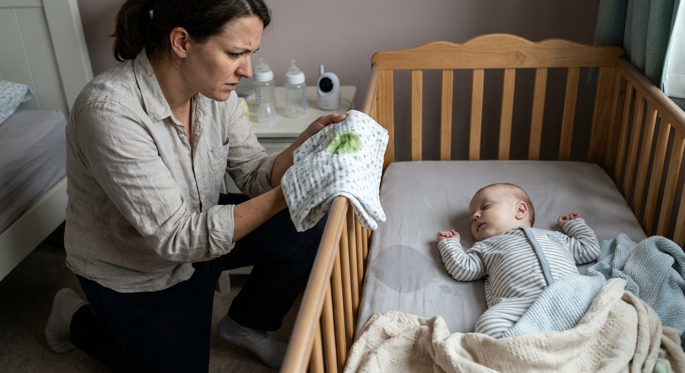A worried parent holding a burp cloth next to an infant in a crib after an episode of green vomiting, realistic home photography style