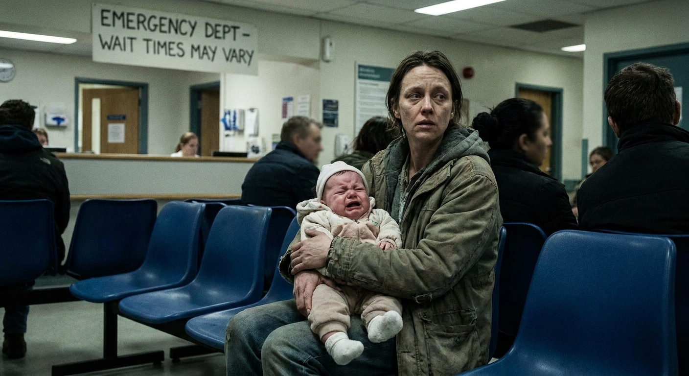 A worried parent holding a crying infant in a hospital emergency department waiting area, candid documentary-style photo with soft indoor lighting