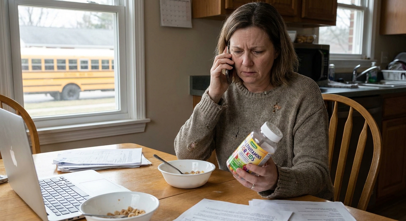 A worried parent holding a vitamin bottle while speaking on a phone at a kitchen table, realistic candid moment
