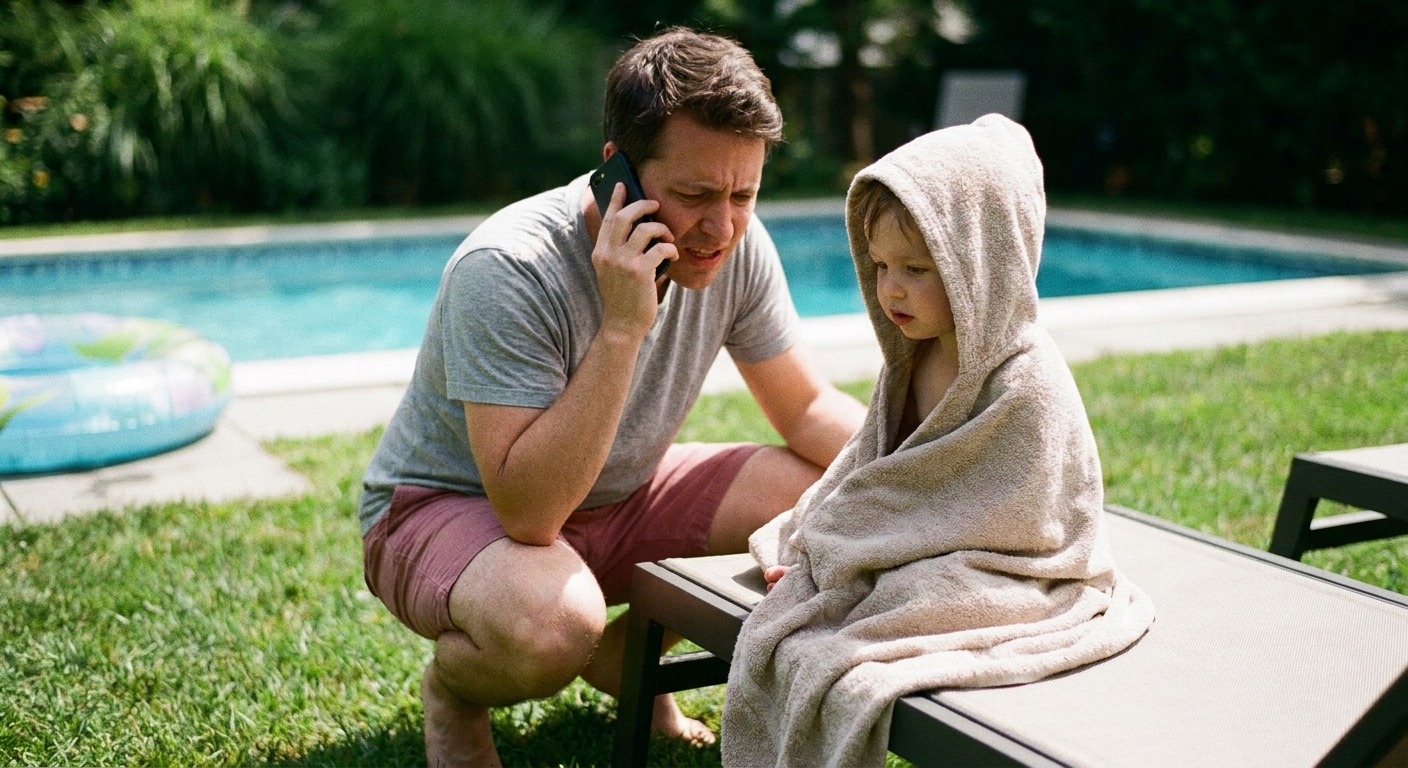 A worried parent kneeling beside a small child wrapped in a towel near a backyard pool, holding a phone as if calling emergency services, realistic candid photo