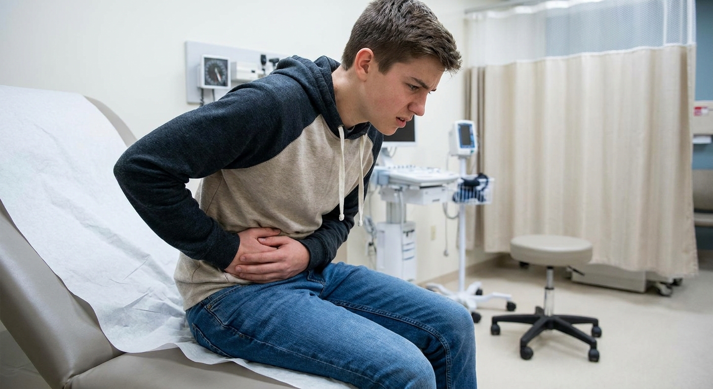 A worried teenage boy sitting on the edge of an exam table in an urgent care room, holding his lower abdomen, realistic photo