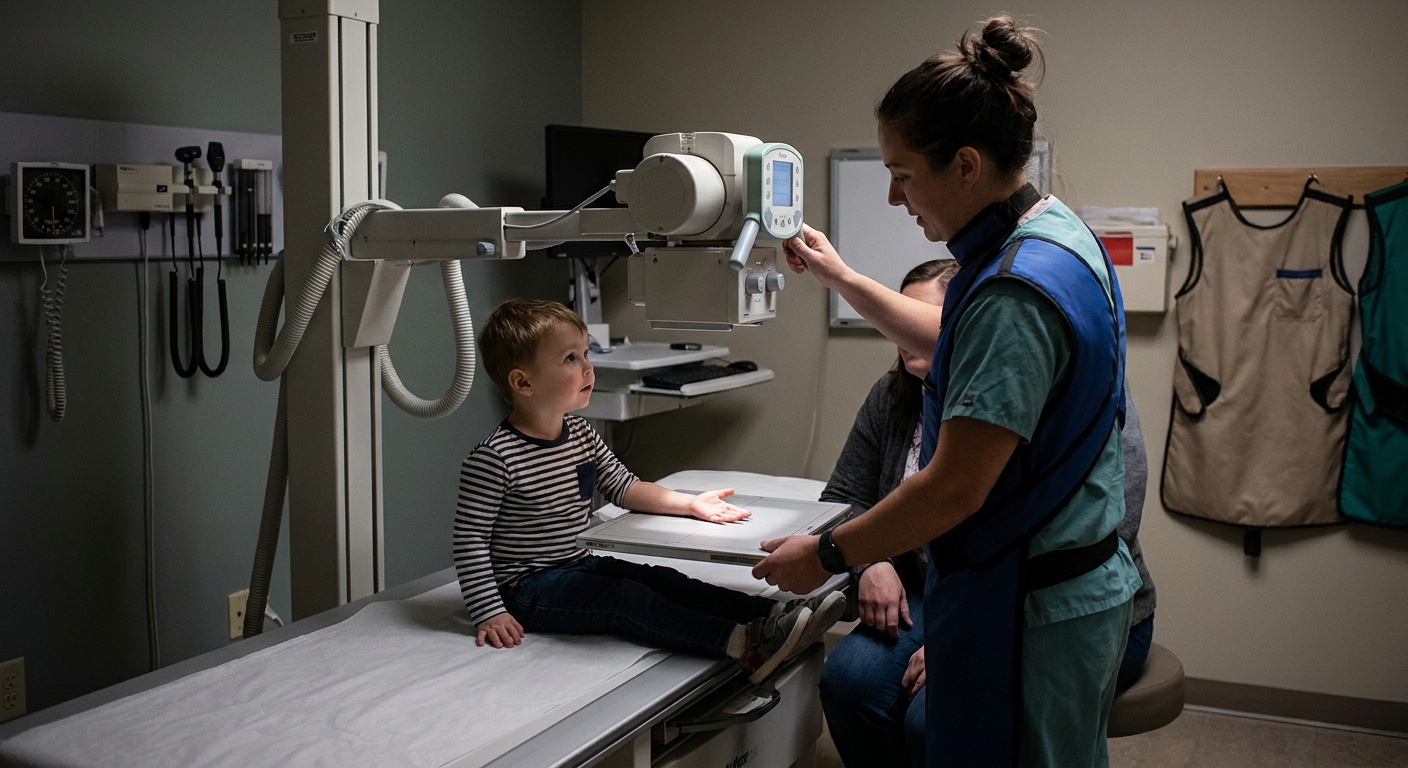 A young child holding their hand flat for a wrist X-ray in a radiology department, technician positioning gently, real clinical photo style