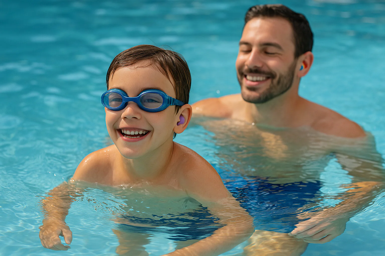 A young child in a swim cap and soft ear plugs standing at the edge of an indoor swimming pool while a parent kneels nearby, candid photo