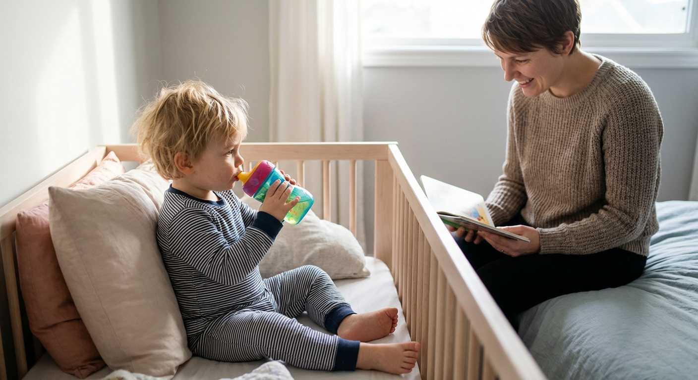 A young child sitting in bed sipping water from a spill-proof cup while a parent sits nearby