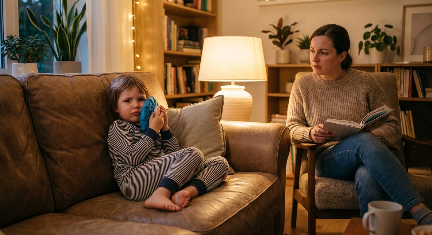 A young child sitting on a couch holding a cold gel pack against one cheek while a parent sits nearby, cozy indoor evening photo