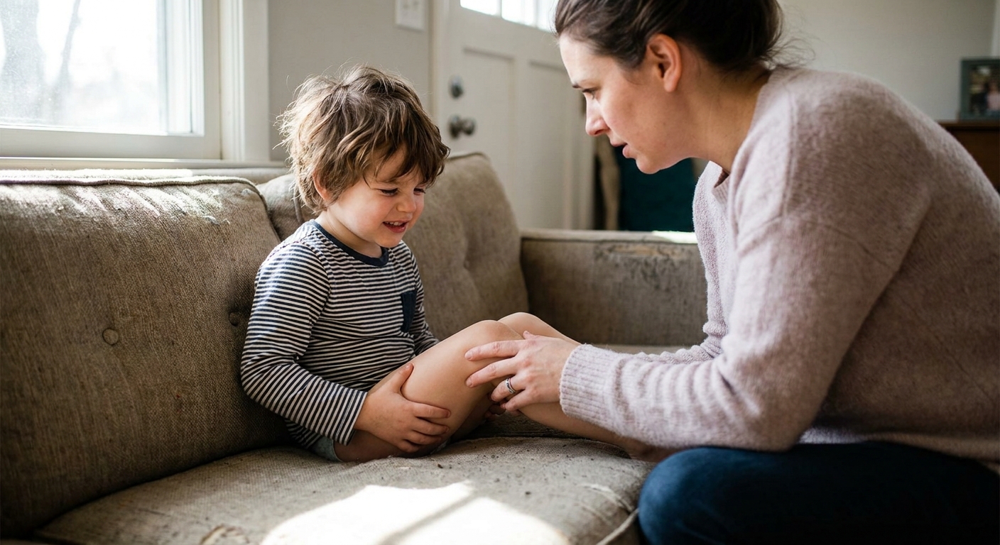 A young child sitting on a couch holding their upper thigh near the hip while a parent checks on them, natural indoor light, real photograph