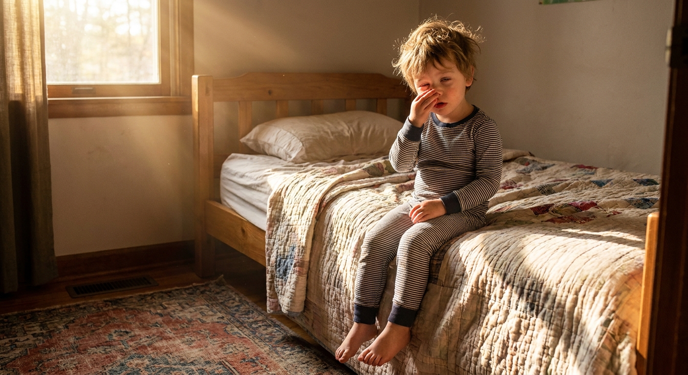 A young child sitting on the edge of a bed rubbing their nose with a sleepy expression in early morning light, realistic home photo