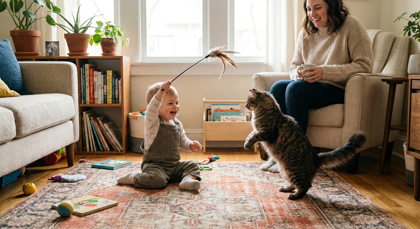 A young child sitting on the floor playing with a cat using a wand toy while a parent watches nearby in a living room, realistic photo