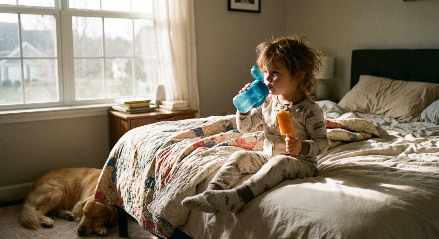 A young child sitting upright in bed sipping water and holding a popsicle, soft natural morning light coming through a window, realistic lifestyle photo