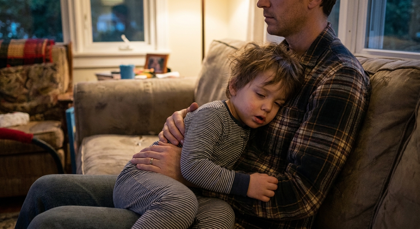 A young child sitting upright on a parent's lap looking tired while breathing with mild chest movement, realistic home photo