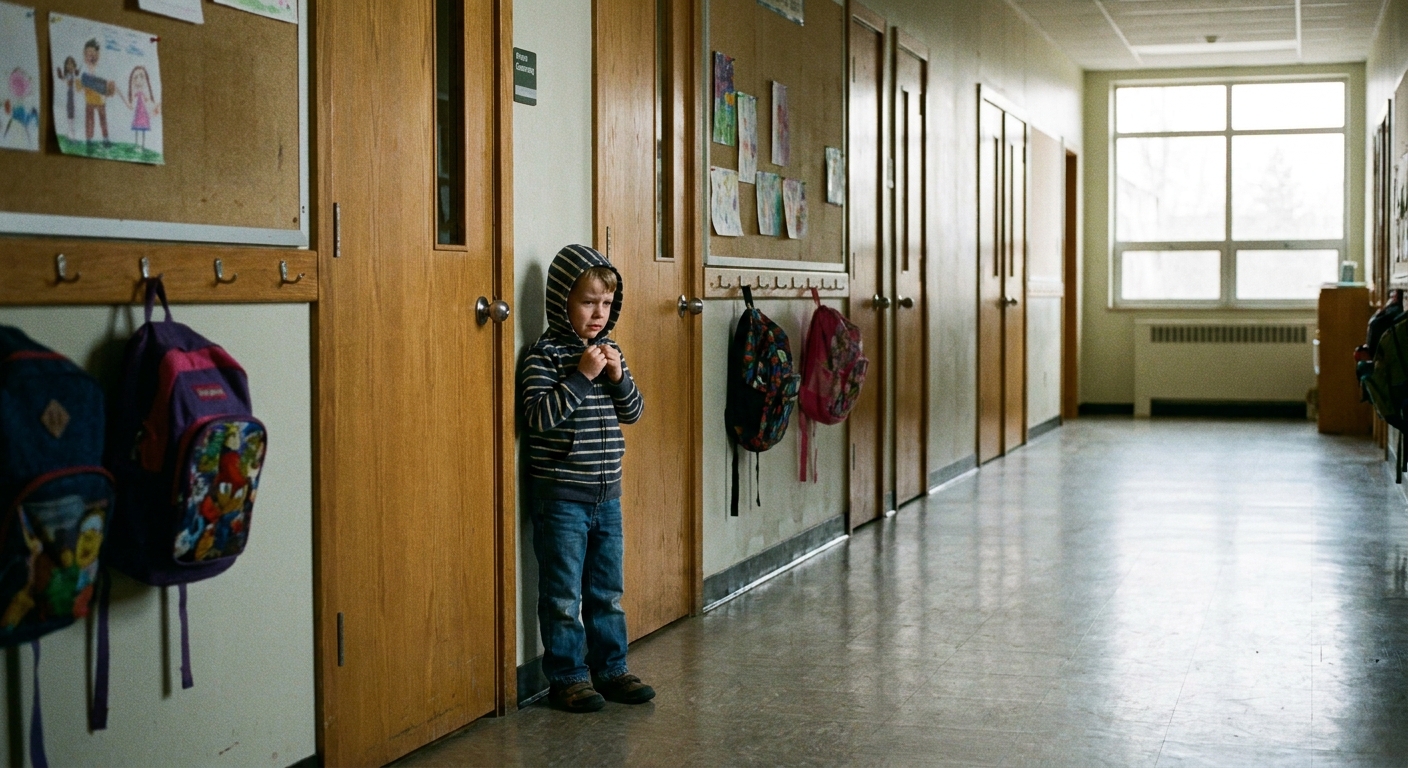 A young child standing alone in a quiet elementary school hallway near classroom doors, looking worried, candid real-life photograph