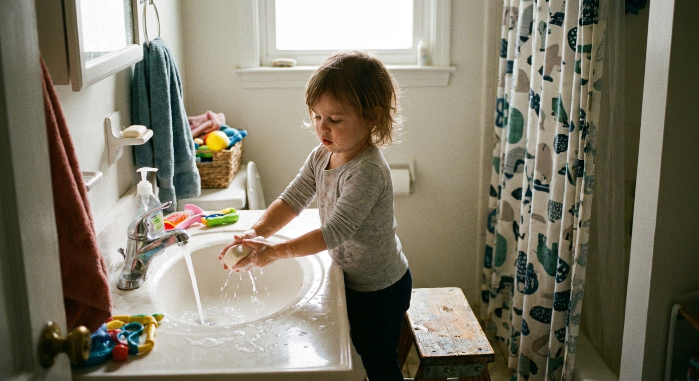 A young child standing on a step stool washing hands with soap at a bathroom sink, water running, everyday candid photo