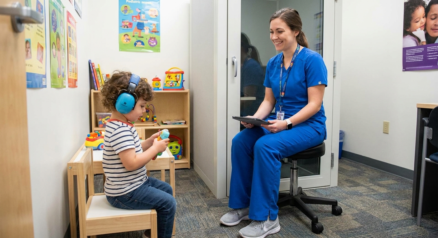 A young child wearing small headphones while a pediatric audiologist sits nearby in a clinic room, candid photo