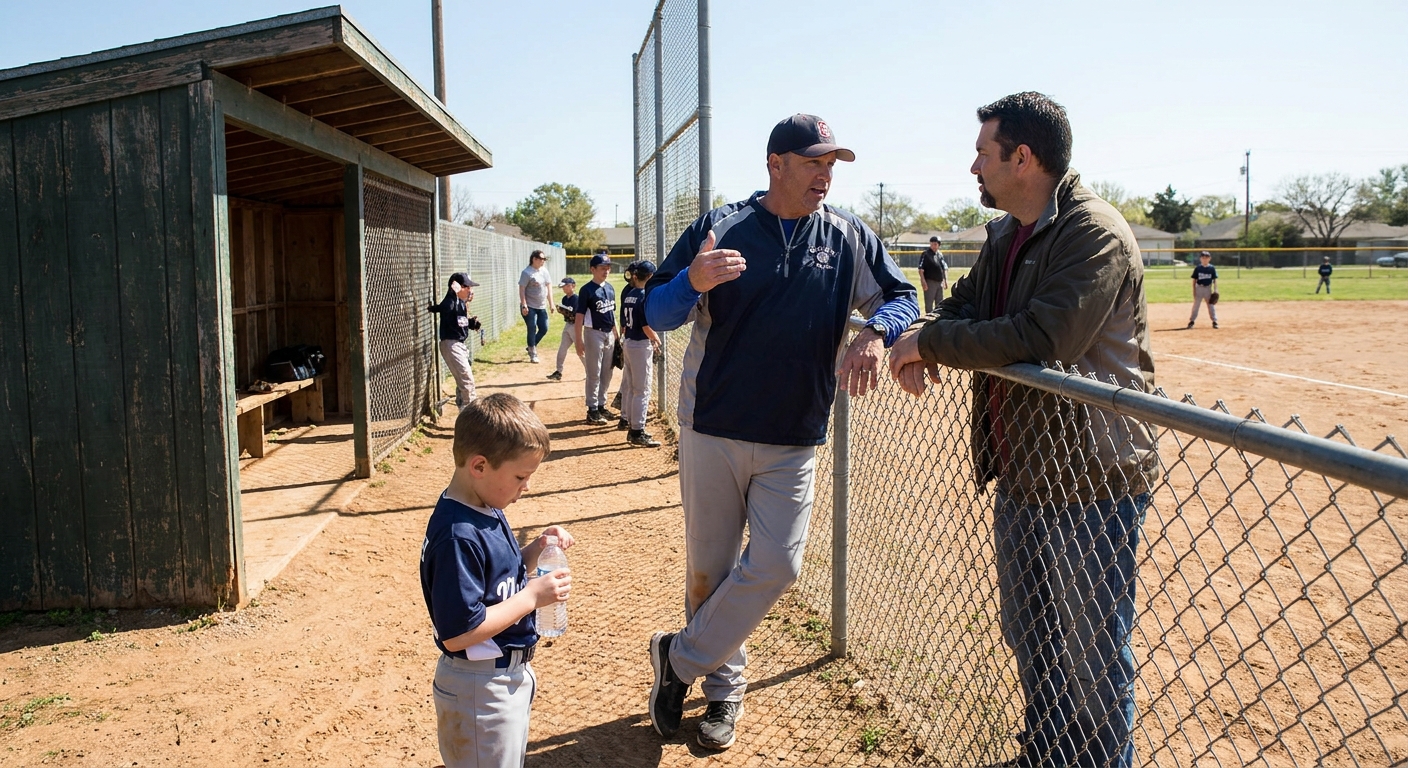 A youth sports coach speaking with a parent near a dugout while a child holds a water bottle, outdoor baseball field, candid photo