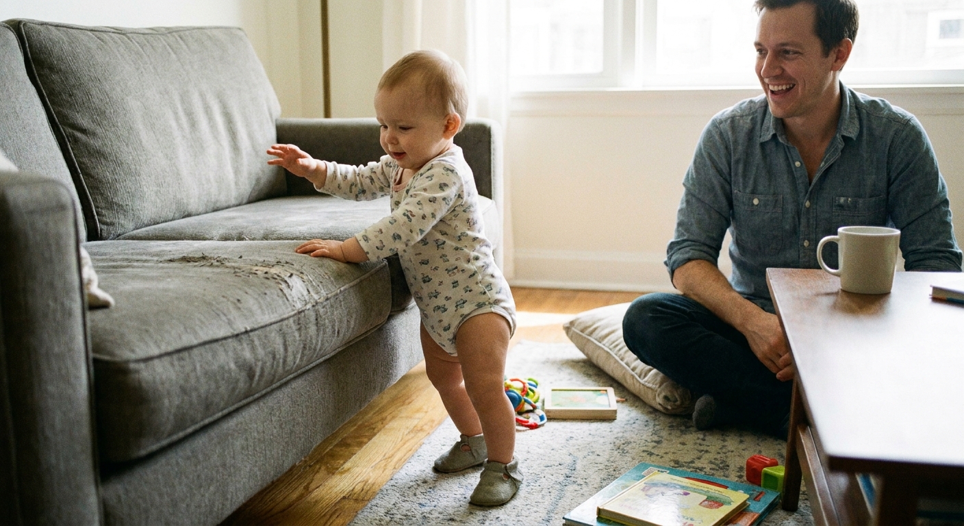 An 11-month-old baby holding onto a couch and cruising along in a bright living room while a parent watches nearby, real candid photo