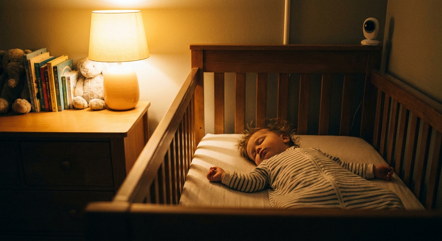 An 11-month-old baby sleeping on their back in a crib at night with a soft bedside lamp glowing in the background, real photo