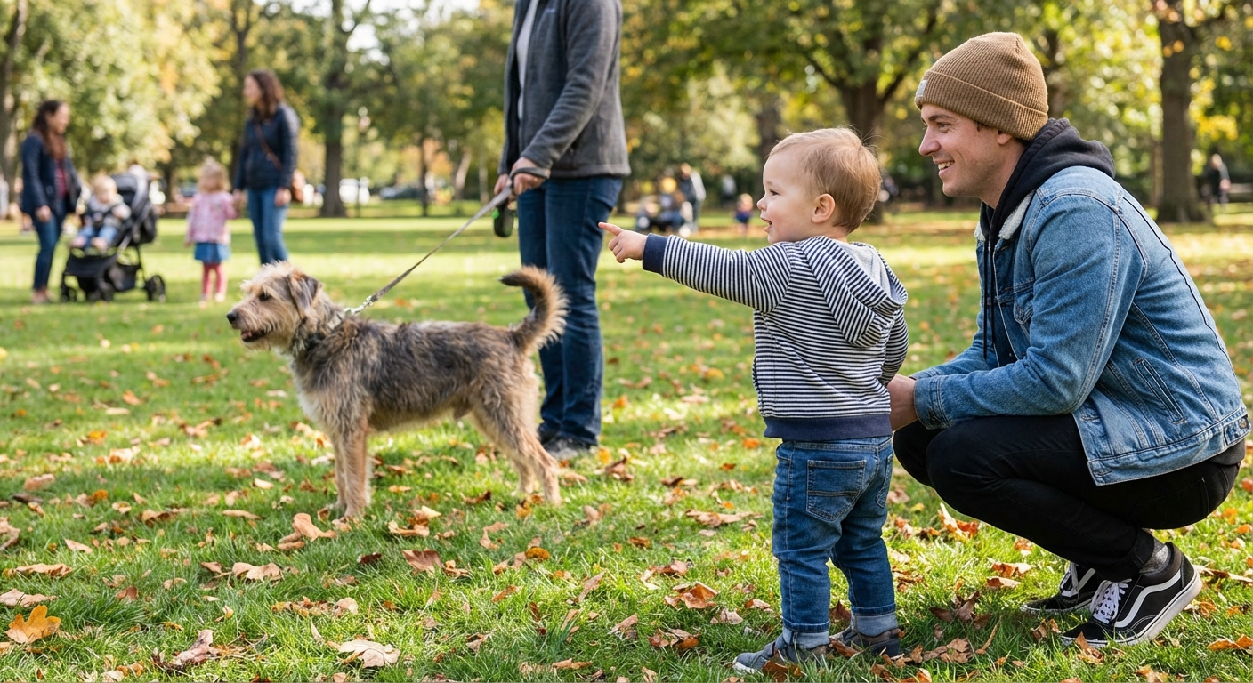 An 18-month-old toddler in a park pointing toward a passing dog while a parent crouches beside them watching, candid photorealistic outdoor family photo