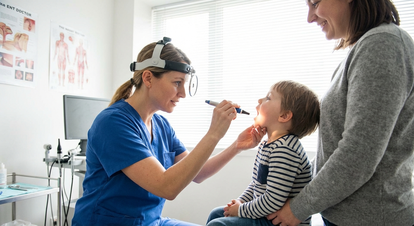 An ENT doctor examining a young child’s throat with a small light in a bright clinic room while a parent stands nearby, realistic medical photography