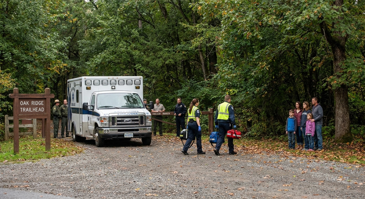 An ambulance parked near a wooded park trailhead with paramedics walking toward a family waiting at a safe distance, documentary-style outdoor emergency scene
