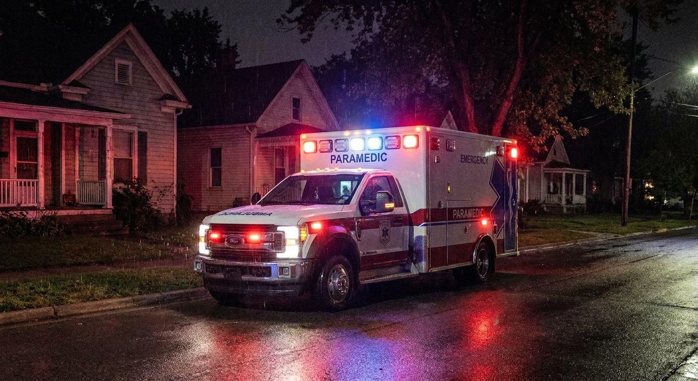 An ambulance parked on a quiet residential street at night with lights on, realistic emergency response photography style