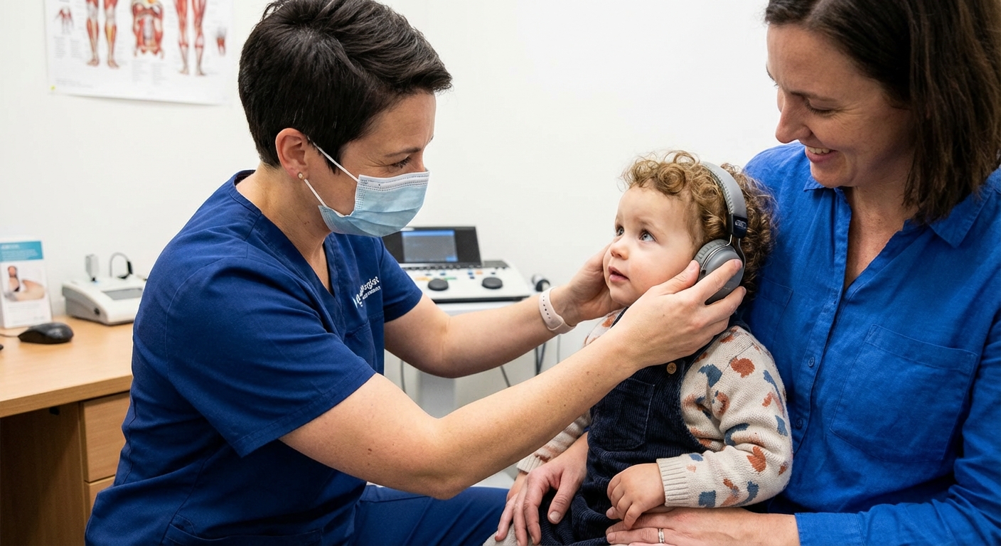 An audiologist gently placing small headphones on a toddler seated on a parent’s lap in a clinic room, child looking curious, realistic medical photography