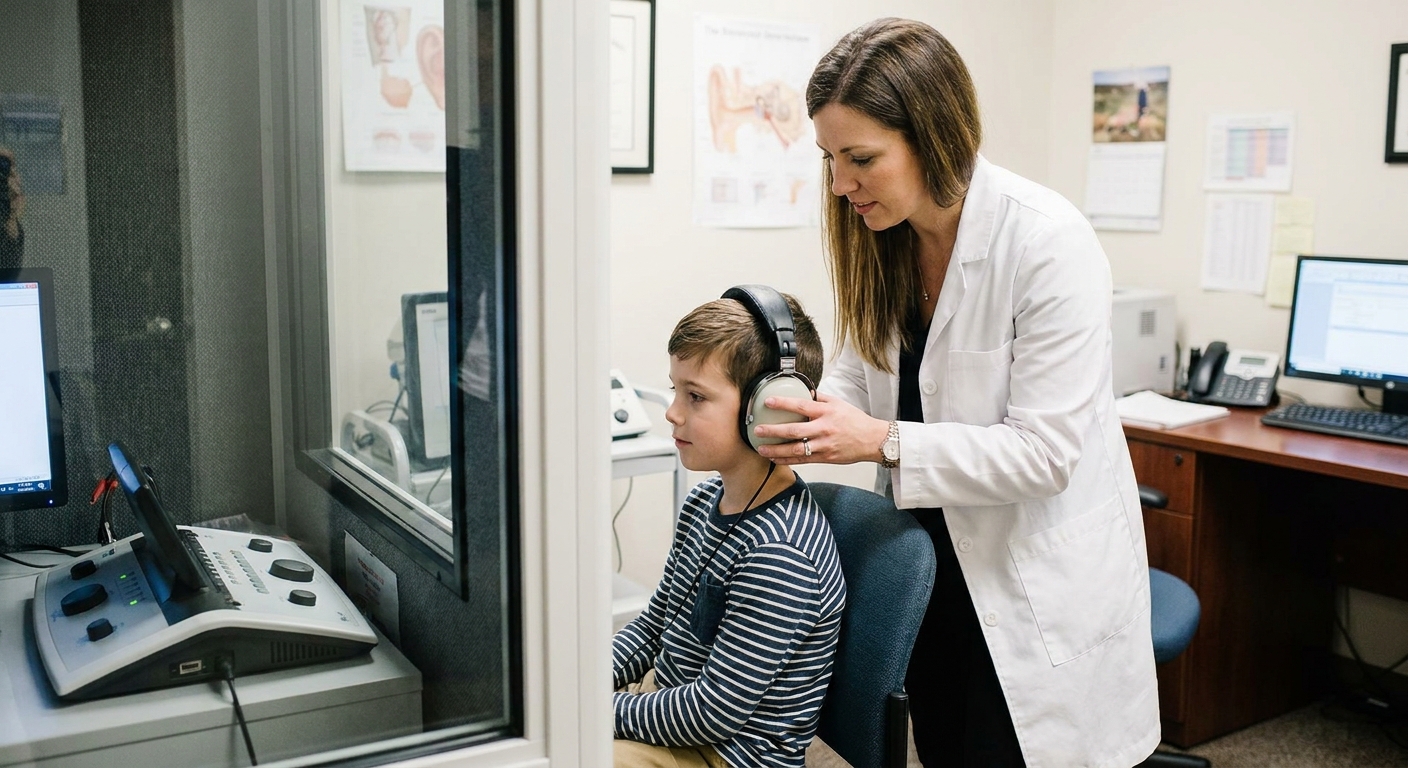 An audiologist in a clinic placing headphones on a school-age child for a hearing assessment, realistic medical office photo
