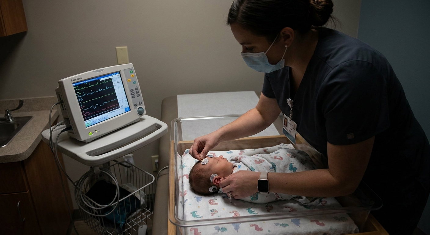 An audiologist in a quiet clinic room placing small adhesive sensors on a sleeping newborn’s forehead and near the ears for an auditory brainstem response test