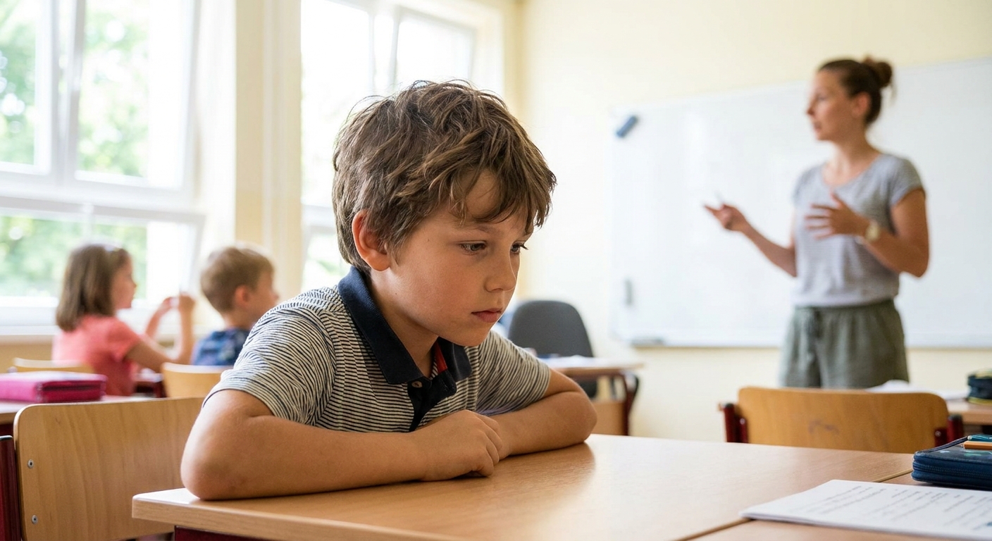 An elementary-age child sitting at a classroom desk with a focused expression while a teacher speaks at the front of the room, natural light, realistic school photo