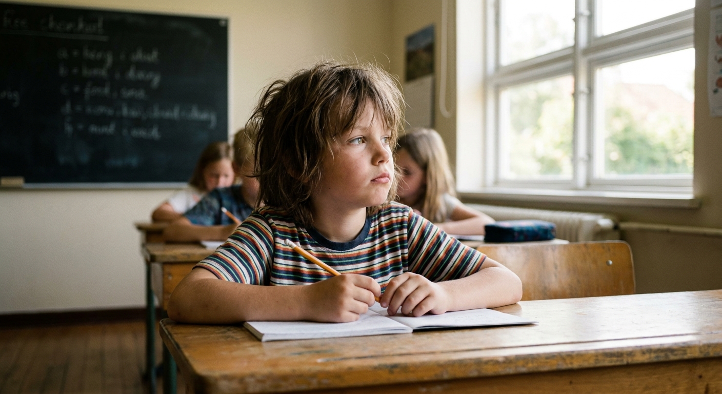 An elementary school-aged child sitting at a classroom desk holding a pencil while looking slightly distracted, natural school photo