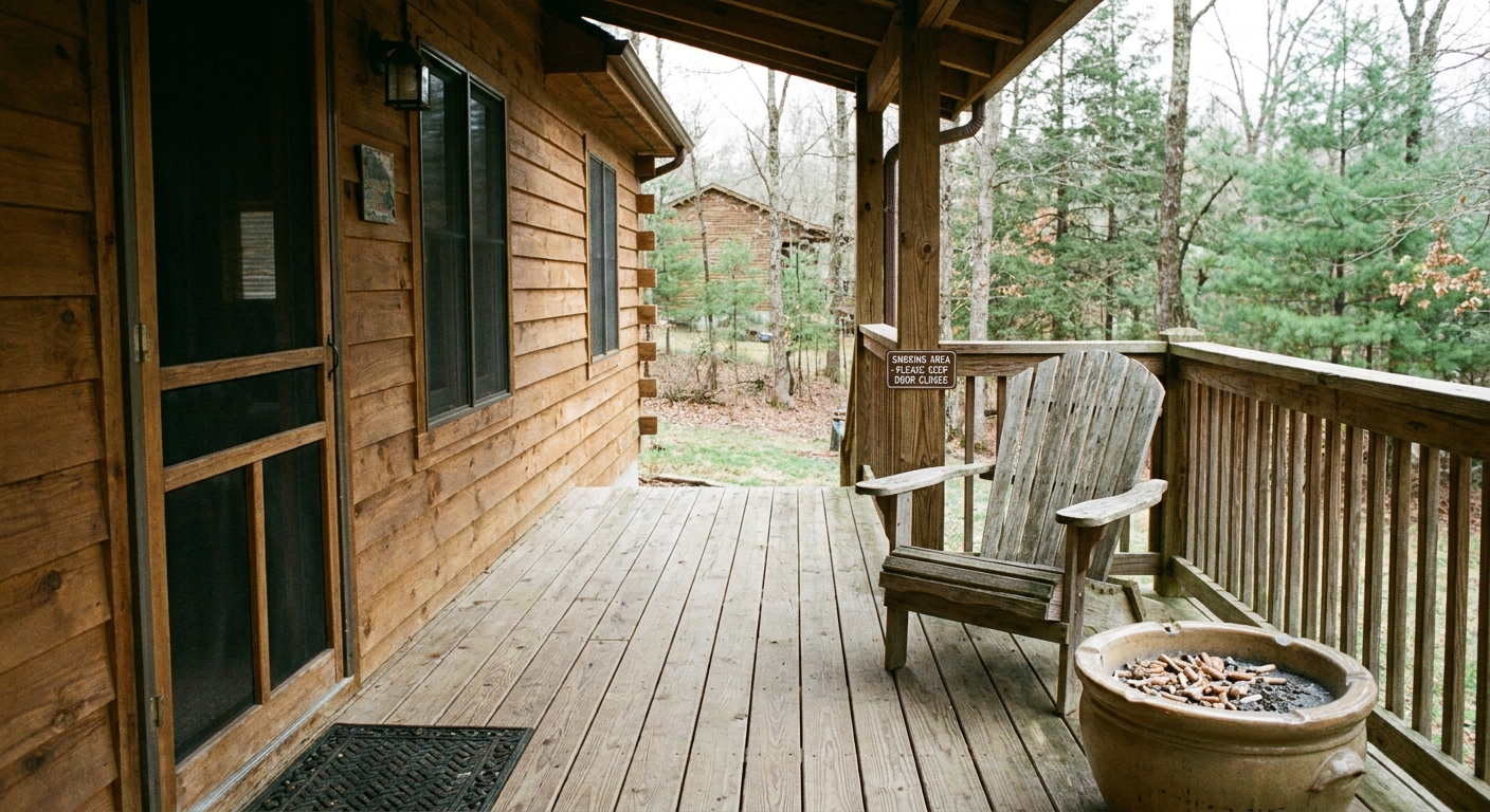 An outdoor porch area with a chair and an ashtray placed far from the house door, set up to keep smoke away from indoor spaces, realistic photo