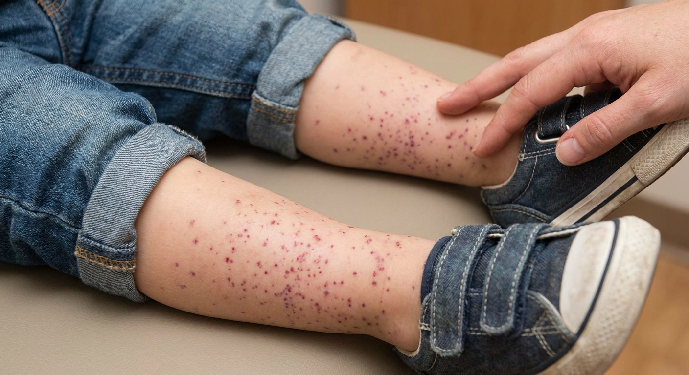 Close-up of a child’s lower legs showing multiple small purple-red spots clustered around the shins and ankles