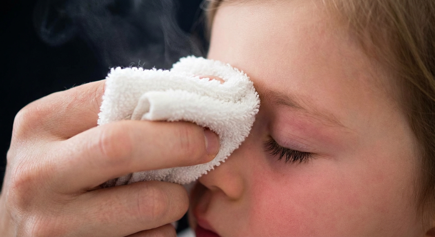 Close-up of a clean warm washcloth held over a child’s closed eyelid
