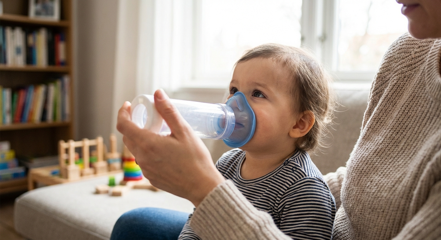 Close-up of a spacer with a face mask held by a parent while a toddler sits calmly at home