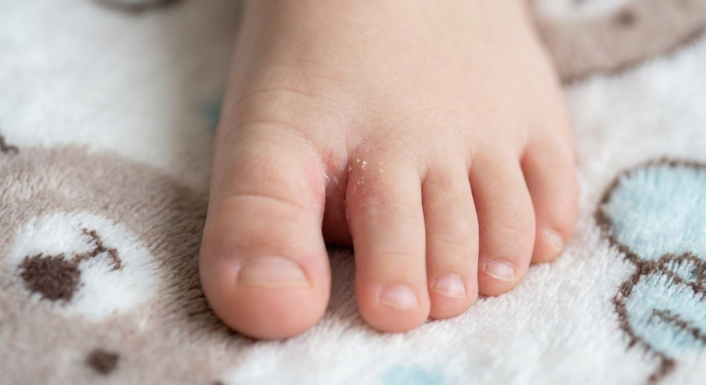 Close-up of a toddler’s toes showing mild peeling and irritation between two toes