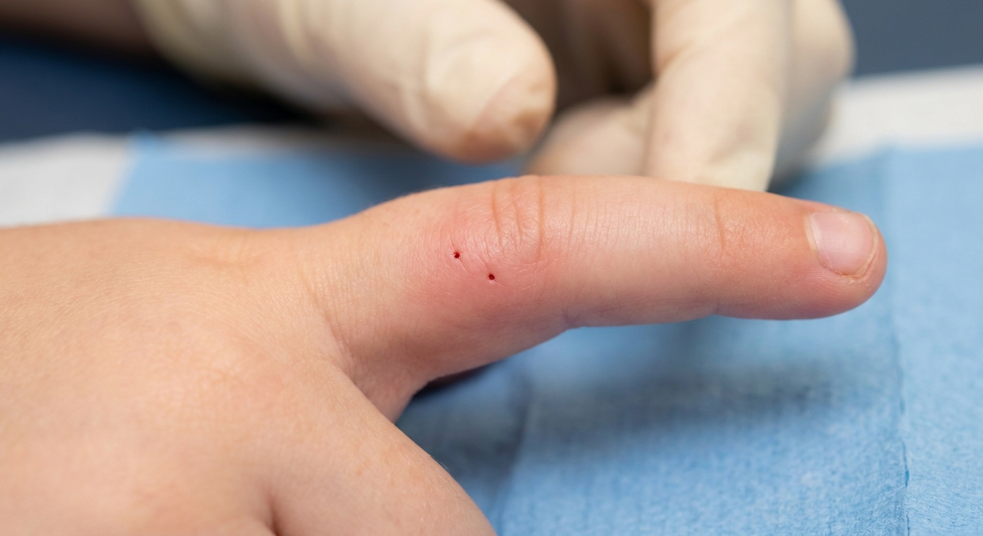 Close-up of two small cat bite puncture marks on a child's finger with mild redness around the area, realistic clinical photo