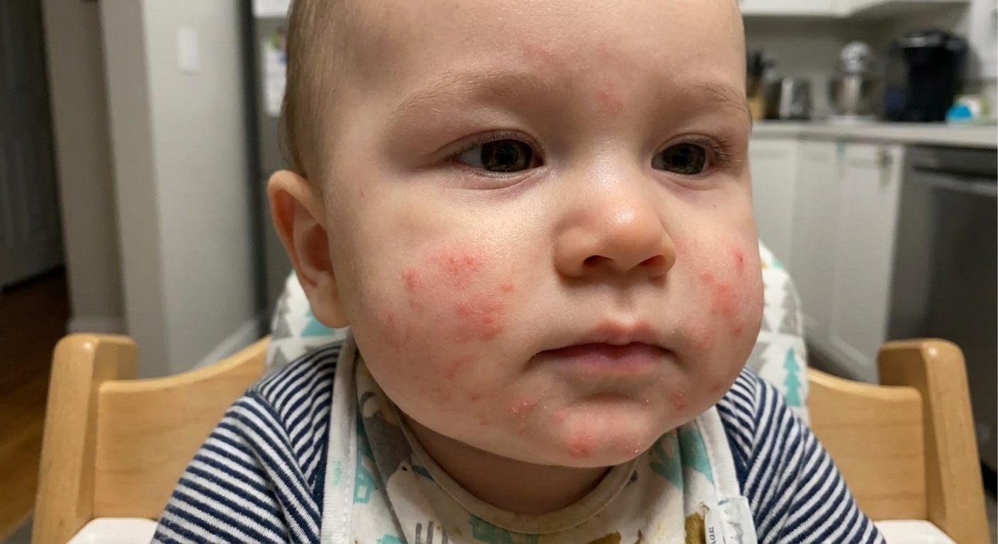 Close-up photo of a baby with small raised hives on the cheeks and chin while sitting in a high chair, soft indoor lighting, realistic medical photo style
