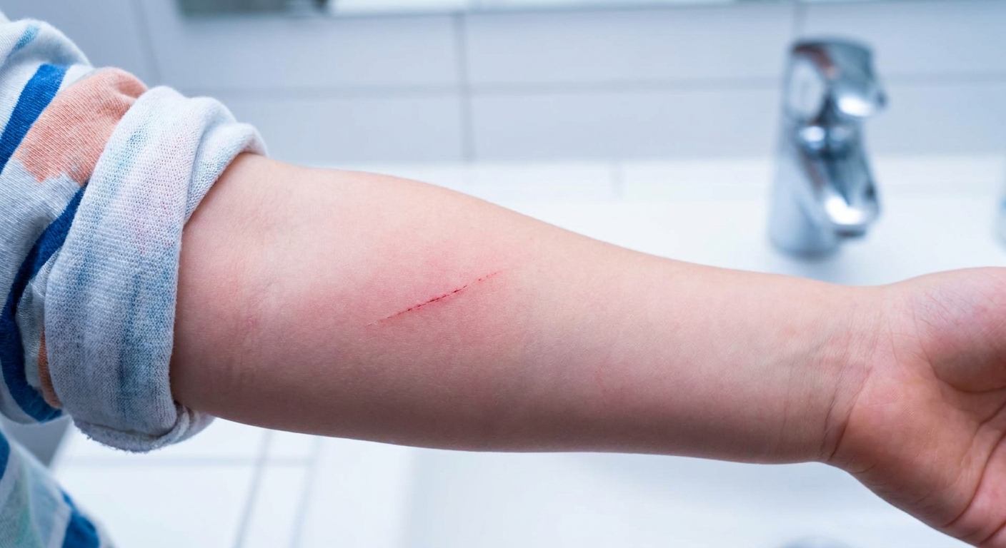 Close-up photo of a child’s forearm with a small superficial scratch and mild redness under bright bathroom lighting